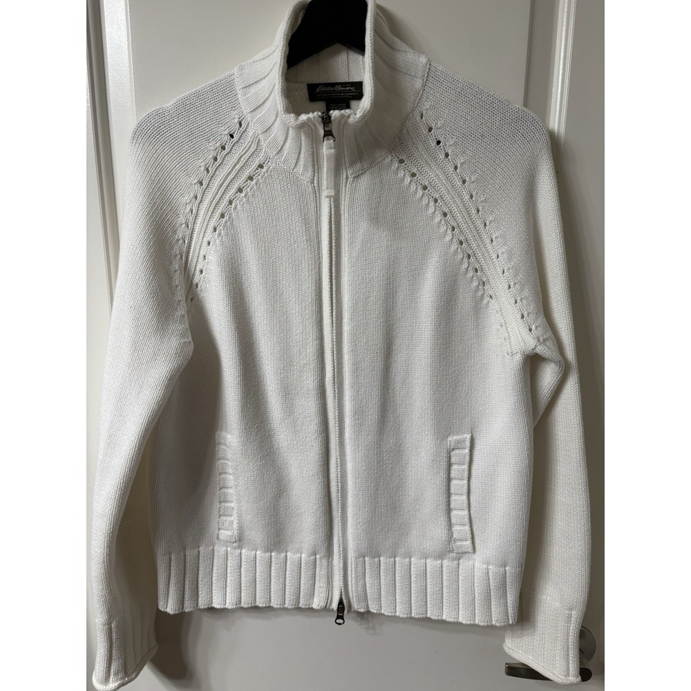 Eddie Bauer Sweater Women's L White Full Zip Knit Mock Neck Cardigan Fisherman